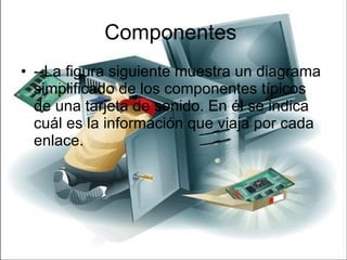 Componentes  --La figura siguiente muestra un diagrama simplificado de los componentes típicos de una tarjeta de sonido. En él se indica cuál es la información que viaja por cada enlace.  