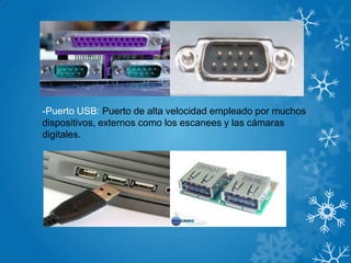 -Puerto USB: Puerto de alta velocidad empleado por muchos
dispositivos, externos como los escanees y las cámaras
digitales.
 