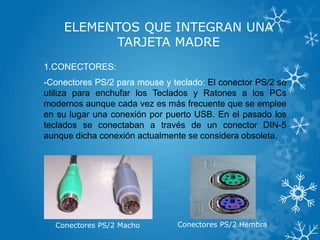 ELEMENTOS QUE INTEGRAN UNA
TARJETA MADRE
1.CONECTORES:
-Conectores PS/2 para mouse y teclado: El conector PS/2 se
utiliza para enchufar los Teclados y Ratones a los PCs
modernos aunque cada vez es más frecuente que se emplee
en su lugar una conexión por puerto USB. En el pasado los
teclados se conectaban a través de un conector DIN-5
aunque dicha conexión actualmente se considera obsoleta.
Conectores PS/2 HembraConectores PS/2 Macho
 