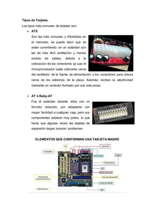 Tipos de Tarjetas.
Los tipos más comunes de tarjetas son:
 ATX
Son las más comunes y difundidas en
el mercado, se puede decir que se
están convirtiendo en un estándar son
las de más fácil ventilación y menos
enredo de cables, debido a la
colocación de los conectores ya que el
microprocesador suele colocarse cerca
del ventilador de la fuente de alimentación y los conectores para discos
cerca de los extremos de la placa. Además, reciben la electricidad
mediante un conector formado por una sola pieza.
 AT ó Baby-AT
Fue el estándar durante años con un
formato reducido, por adaptarse con
mayor facilidad a cualquier caja, pero sus
componentes estaban muy juntos, lo que
hacía que algunas veces las tarjetas de
expansión largas tuvieran problemas.
ELEMENTOS QUE CONFORMAN UNA TARJETA MADRE
 