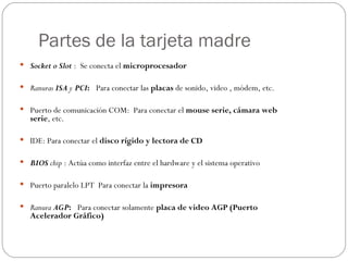 Partes de la tarjeta madre
 Socket o Slot :  Se conecta el microprocesador 


 Ranuras ISA y PCI:  Para conectar las placas de sonido, video , módem, etc.


 Puerto de comunicación COM:  Para conectar el mouse serie, cámara web
   serie, etc.

 IDE: Para conectar el disco rígido y lectora de CD


 BIOS chip : Actúa como interfaz entre el hardware y el sistema operativo


 Puerto paralelo LPT  Para conectar la impresora


 Ranura AGP:  Para conectar solamente placa de video AGP (Puerto
   Acelerador Gráfico)
 