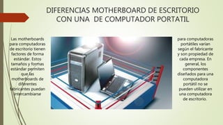 DIFERENCIAS MOTHERBOARD DE ESCRITORIO
CON UNA DE COMPUTADOR PORTATIL
Las motherboards
para computadoras
de escritorio tienen
factores de forma
estándar. Estos
tamaños y formas
estándar permiten
que las
motherboards de
diferentes
fabricantes puedan
intercambiarse
para computadoras
portátiles varían
según el fabricante
y son propiedad de
cada empresa. En
general, los
componentes
diseñados para una
computadora
portátil no se
pueden utilizar en
una computadora
de escritorio.
 