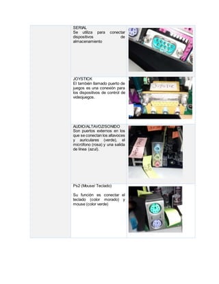 SERIAL
Se utiliza para conectar
dispositivos de
almacenamiento
JOYSTICK
El también llamado puerto de
juegos es una conexión para
los dispositivos de control de
videojuegos.
AUDIO/ALTAVOZ/SONIDO
Son puertos externos en los
que se conectan los altavoces
y auriculares (verde), el
micrófono (rosa) y una salida
de línea (azul).
Ps2 (Mouse/ Teclado)
Su función es conectar el
teclado (color morado) y
mouse (color verde)
 