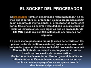 EL SOCKET DEL PROCESADOR
El procesador (también denominado microprocesador) no es
más que el cerebro del ordenador. Ejecuta programas a partir
de un conjunto de instrucciones. El procesador se caracteriza
por su frecuencia, es decir la velocidad con la cual ejecuta las
 distintas instrucciones. Esto significa que un procesador de
   800 MHz puede realizar 800 millones de operaciones por
                           segundo.

 La placa madre posee una ranura (a veces tiene varias en las
  placas madre de multiprocesadores) en la cual se inserta el
procesador y que se denomina socket del procesador o ranura.
   Ranura: Se trata de un conector rectangular en el que se
           inserta un procesador de manera vertical.
  Socket: Además de resultar un término general, también se
   refiere más específicamente a un conector cuadrado con
      muchos conectores pequeños en los que se inserta
                  directamente el procesador.
 