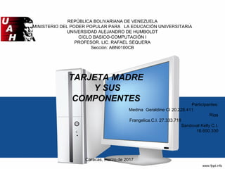 REPÚBLICA BOLIVARIANA DE VENEZUELA
MINISTERIO DEL PODER POPULAR PARA LA EDUCACIÓN UNIVERSITARIA
UNIVERSIDAD ALEJANDRO DE HUMBOLDT
CICLO BASICO-COMPUTACIÓN I
PROFESOR. LIC. RAFAEL SEQUERA
Sección: ABN0100CB
TARJETA MADRE
Y SUS
COMPONENTES
Participantes:
Medina Geraldine CI 20.228.411
Rios
Frangelica.C.I. 27.333.718
Sandoval Kelly C.I.
16.600.330
Caracas, marzo de 2017
 