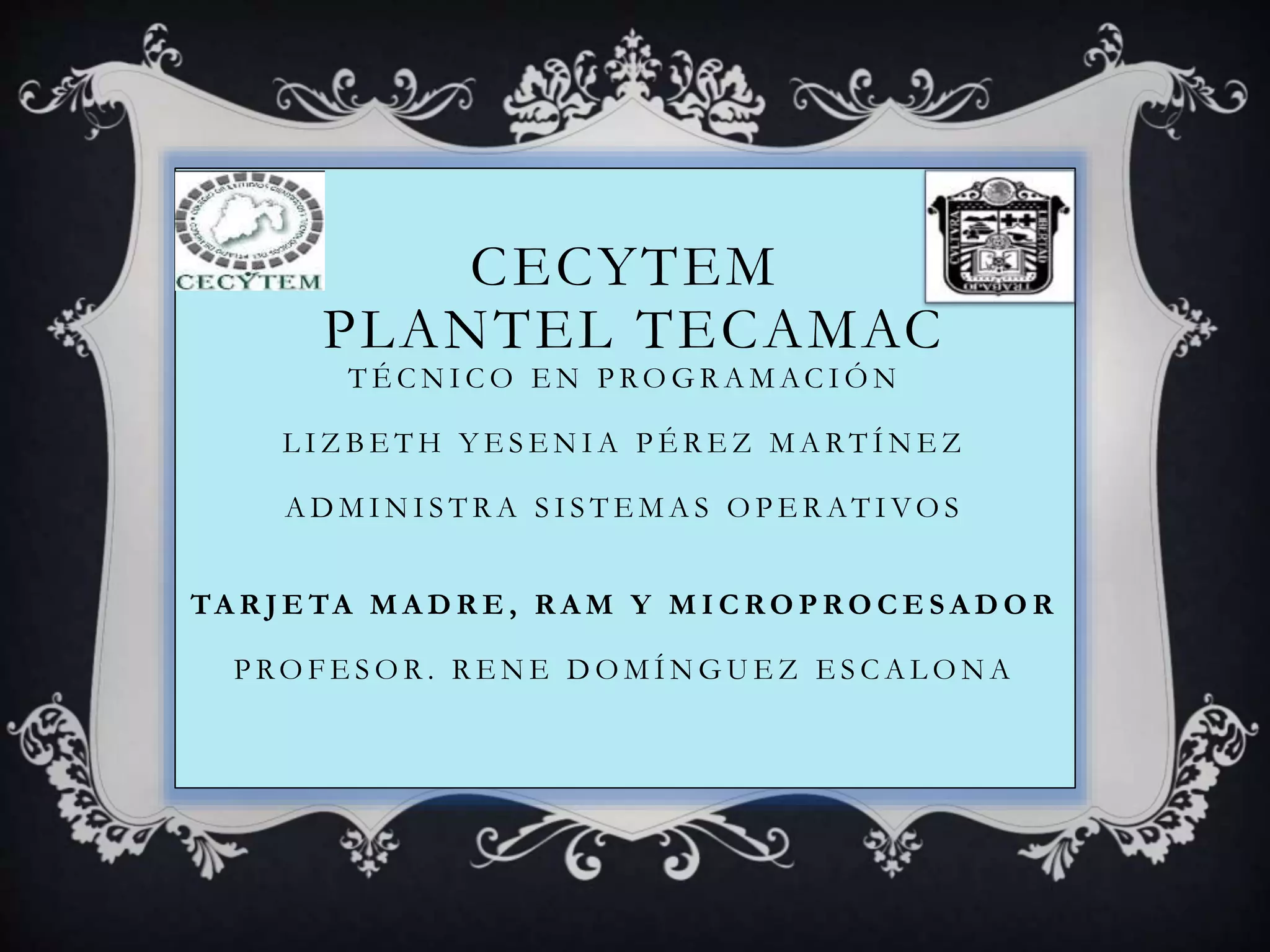 CECYTEM
PLANTEL TECAMAC
T É C N I C O E N P RO G R A M AC I Ó N
L I Z B E T H Y E S E N I A P É R E Z M A R T Í N E Z
A D M I N I S T R A S I S T E M A S O P E R AT I VO S
TA R J E TA M A D R E , R A M Y M I C R O P R O C E S A D O R
P RO F E S O R . R E N E D O M Í N G U E Z E S C A L O N A
 