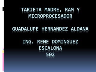 TARJETA MADRE, RAM Y
MICROPROCESADOR
GUADALUPE HERNANDEZ ALDANA
ING. RENE DOMINGUEZ
ESCALONA
502
 