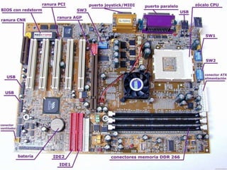 Microprocesador o Procesador: (CPU – Unidad de
Procesamiento Central) el cerebro del computador montado sobre
una pieza llamada zócalo o slot.
Memoria principal temporal: (RAM – Memoria de acceso
aleatorio) montados sobre las ranuras de memoria llamados
generalmente bancos de memoria.
Las ranuras de expansión: o slots donde se conectan las demás
tarjetas que utilizará el computador como por ejemplo la tarjeta de
video, sonido, modem, etc.
Chips: como puede ser el BIOS, los Chipset o controladores.
Físicamente, se trata de una placa de material sintético,
sobre la cual existe un circuito electrónico que conecta
diversos componentes que se encuentran insertados o
montados sobre la misma, los principales son:
 