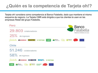 ¿Quién es la competencia de Tarjeta oh!?
Tarjeta oh! considera como competencia al Banco Falabella, dado que mantiene el mismo
esquema de negocio. La Tarjeta CMR está dirigida a que los clientes la usen en las
empresas Retail del grupo Falabella.
 