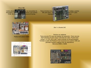 Placa 386  Ranuras ISA Usaba placas multifunción donde se conectaban la disquetera y disco rígido, la impresora y los puertos COM. No tiene socket . Memoria de 30 pines Placa 486 Socket 7  Ranuras PCI e ISA Tiene incluidos los puertos COM para mouse y modem, puertos IDE para disco  rígido y lectora de CD y puerto LPT1 para impresora. Ranuras DIMM de 72 pines Socket 7 Slot 1 o Socket 242 Partes de la placa madre Pentium en adelante Tiene ranuras PCI para las tarjetas de expansión. Tiene ranuras AGP (Pentium II) para mayor velocidad de video. Puede tener socket 7, 8, 370, etc o slot 1 para conectar el microprocesador. También a partir del Pentium II se incorporan los puertos USB que permiten insertar cualquier tipo de dispositivos Memoria DIMM o SIMM 