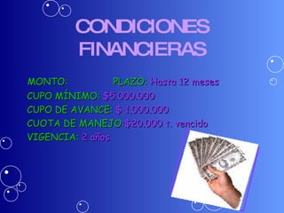 CONDICIONES FINANCIERAS MONTO:  PLAZO:  Hasta 12 meses CUPO MÍNIMO:  $5.000.000 CUPO DE AVANCE:  $ 1.000.000 CUOTA DE MANEJO :$20.000 t. vencido VIGENCIA:  2 años   