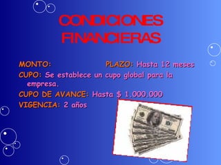 CONDICIONES FINANCIERAS MONTO:  PLAZO:  Hasta 12 meses CUPO:  Se establece un cupo global para la empresa. CUPO DE AVANCE:  Hasta $ 1.000.000 VIGENCIA:  2 años 