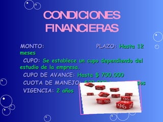CONDICIONES FINANCIERAS MONTO:   PLAZO:  Hasta 12 meses CUPO:  Se establece un cupo dependiendo del estudio de la empresa. CUPO DE AVANCE:  Hasta $ 700.000 CUOTA DE MANEJO:  $20.000 t. anticipados VIGENCIA:  2 años 