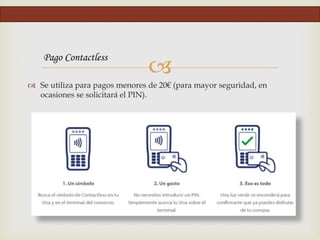 
 Se utiliza para pagos menores de 20€ (para mayor seguridad, en
ocasiones se solicitará el PIN).
Pago Contactless
 