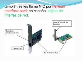 también se les llama NIC por network 
interface card; en español tarjeta de 
interfaz de red. 
 