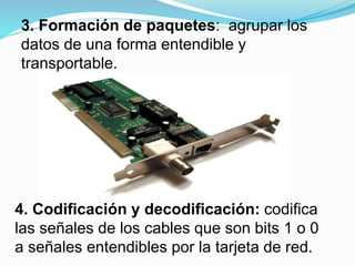 3. Formación de paquetes: agrupar los 
datos de una forma entendible y 
transportable. 
4. Codificación y decodificación: codifica 
las señales de los cables que son bits 1 o 0 
a señales entendibles por la tarjeta de red. 
 