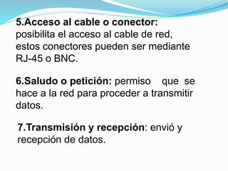 5.Acceso al cable o conector: 
posibilita el acceso al cable de red, 
estos conectores pueden ser mediante 
RJ-45 o BNC. 
6.Saludo o petición: permiso que se 
hace a la red para proceder a transmitir 
datos. 
7.Transmisión y recepción: envió y 
recepción de datos. 
 