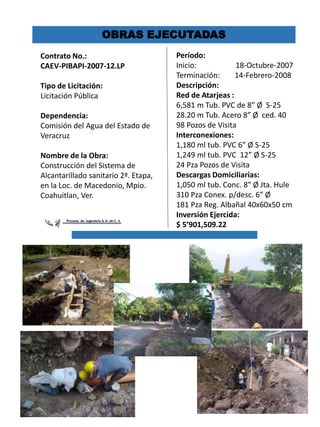 OBRAS EJECUTADAS
Contrato No.:
CAEV-PIBAPI-2007-12.LP
Tipo de Licitación:
Licitación Pública
Dependencia:
Comisión del Agua del Estado de
Veracruz
Nombre de la Obra:
Construcción del Sistema de
Alcantarillado sanitario 2ª. Etapa,
en la Loc. de Macedonio, Mpio.
Coahuitlan, Ver.
Período:
Inicio: 18-Octubre-2007
Terminación: 14-Febrero-2008
Descripción:
Red de Atarjeas :
6,581 m Tub. PVC de 8” Ø S-25
28.20 m Tub. Acero 8” Ø ced. 40
98 Pozos de Visita
Interconexiones:
1,180 ml tub. PVC 6” Ø S-25
1,249 ml tub. PVC 12” Ø S-25
24 Pza Pozos de Visita
Descargas Domiciliarias:
1,050 ml tub. Conc. 8” Ø Jta. Hule
310 Pza Conex. p/desc. 6” Ø
181 Pza Reg. Albañal 40x60x50 cm
Inversión Ejercida:
$ 5’901,509.22
 
