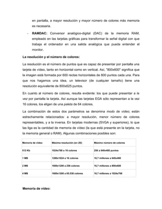 en pantalla, a mayor resolución y mayor número de colores más memoria
         es necesaria.

    -    RAMDAC: Conversor analógico-digital (DAC) de la memoria RAM,
         empleado en las tarjetas gráficas para transformar la señal digital con que
         trabaja el ordenador en una salida analógica que pueda entender el
         monitor.

La resolución y el número de colores:

La resolución es el número de puntos que es capaz de presentar por pantalla una
tarjeta de vídeo, tanto en horizontal como en vertical. Así, "800x600" significa que
la imagen está formada por 600 rectas horizontales de 800 puntos cada una. Para
que nos hagamos una idea, un televisor (de cualquier tamaño) tiene una
resolución equivalente de 800x625 puntos.

En cuanto al número de colores, resulta evidente: los que puede presentar a la
vez por pantalla la tarjeta. Así aunque las tarjetas EGA sólo representan a la vez
16 colores, los eligen de una paleta de 64 colores.

La combinación de estos dos parámetros se denomina modo de vídeo; están
estrechamente relacionados: a mayor resolución, menor número de colores
representables, y a la inversa. En tarjetas modernas (SVGA y superiores), lo que
las liga es la cantidad de memoria de vídeo (la que está presente en la tarjeta, no
la memoria general o RAM). Algunas combinaciones posibles son:

Memoria de vídeo         Máxima resolución (en 2D)    Máximo número de colores


512 Kb                   1024x768 a 16 colores        256 a 640x480 puntos


1 MB                     1280x1024 a 16 colores       16,7 millones a 640x480


2 MB                     1600x1200 a 256 colores      16,7 millones a 800x600


4 MB                     1600x1200 a 65.536 colores   16,7 millones a 1024x768




Memoria de vídeo:
 