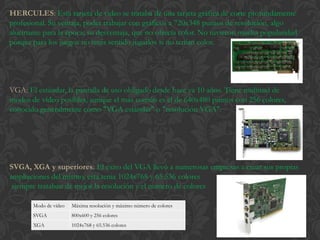 HERCULES: Esta tarjeta de video se trataba de una tarjeta gráfica de corte profundamente
profesional. Su ventaja, poder trabajar con gráficos a 720x348 puntos de resolución, algo
alucinante para la época; su desventaja, que no ofrecía color. No tuvieron mucha popularidad
porque para los juegos no tenia sentido jugarlos si no tenían color.




VGA: El estándar, la pantalla de uso obligado desde hace ya 10 años. Tiene multitud de
modos de vídeo posibles, aunque el más común es el de 640x480 puntos con 256 colores,
conocido generalmente como "VGA estándar" o "resolución VGA".




SVGA, XGA y superiores: El éxito del VGA llevó a numerosas empresas a crear sus propias
ampliaciones del mismo, esta tenia 1024x768 y 65.536 colores
 siempre trataban de mejor la resolución y el numero de colores

       Modo de vídeo   Máxima resolución y máximo número de colores
       SVGA            800x600 y 256 colores
       XGA             1024x768 y 65.536 colores
 
