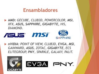  AMD: GECUBE, CLUB3D, POWERCOLOR, MSI,
XFX, ASUS, SAPPHIRE, GIGABYTE, HIS,
DIAMOND.
 nVIDIA: POINT OF VIEW, CLUB3D, EVGA, MSI,
GAINWARD, ASUS, ZOTAC, GIGABYTE, ECS
ELITEGROUP, PNY, SPARKLE, GALAXY, PALIT.
Ensambladores
 