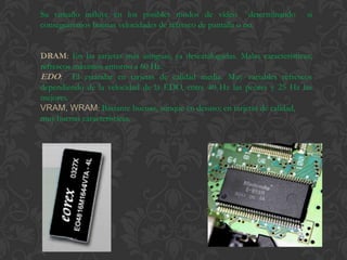 Su tamaño influye en los posibles modos de vídeo determinando              si
conseguiremos buenas velocidades de refresco de pantalla o no.


DRAM: En las tarjetas más antiguas, ya descatalogadas. Malas características;
refrescos máximos entorno a 60 Hz.
EDO: El estándar en tarjetas de calidad media. Muy variables refrescos
dependiendo de la velocidad de la EDO, entre 40 Hz las peores y 25 Hz las
mejores.
VRAM, WRAM: Bastante buenas, aunque en desuso; en tarjetas de calidad,
muy buenas características.
 