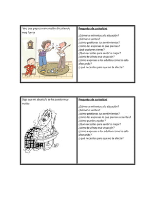 Veo que papa y mama están discutiendo
muy fuerte
Preguntas de curiosidad
¿Cómo te enfrentas a la situación?
¿Cómo te sientes?
¿cómo gestionas tus sentimientos?
¿cómo les expresas lo que piensas?
¿qué opciones tienes?
¿Qué necesitas para sentirte mejor?
¿cómo te afecta esa situación?
¿cómo expresas a los adultos como te está
afectando?
¿ qué necesitas para que no te afecte?
Oigo que mi abuela/o se ha puesto muy
malito
Preguntas de curiosidad
¿Cómo te enfrentas a la situación?
¿Cómo te sientes?
¿cómo gestionas tus sentimientos?
¿cómo les expresas lo que piensas o sientes?
¿cómo puedes ayudar?
¿Qué necesitas para sentirte mejor?
¿cómo te afecta esa situación?
¿cómo expresas a los adultos como te está
afectando?
¿ qué necesitas para que no te afecte?
 