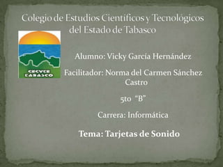 Alumno: Vicky García Hernández

Facilitador: Norma del Carmen Sánchez
                 Castro

               5to “B”

        Carrera: Informática

   Tema: Tarjetas de Sonido
 