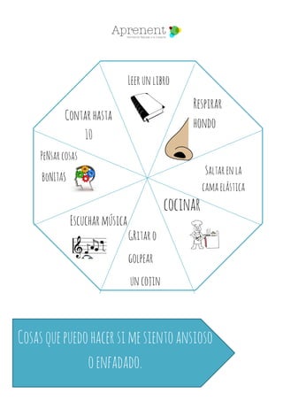 Leerunlibro
Respirar
hondo
Saltarenla
camaelástica
Contarhasta
10
PeNsarcosas
BoNITAS
Escucharmúsica
GRitaro
golpear
uncojin
cocinar
Cosasquepuedohacersimesientoansioso
oenfadado.
 