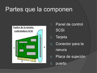 Partes que la componen

              1.   Panel de control
                   SCSI
              2.   Tarjeta
              3.   Conector para la
                   ranura
              4.   Placa de sujeción
              5.   puerto
 