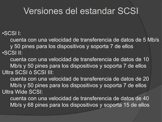 Versiones del estandar SCSI

•SCSI I:
    cuenta con una velocidad de transferencia de datos de 5 Mb/s
    y 50 pines para los dispositivos y soporta 7 de ellos
•SCSI II:
    cuenta con una velocidad de transferencia de datos de 10
    Mb/s y 50 pines para los dispositivos y soporta 7 de ellos
Ultra SCSI ò SCSI III:
    cuenta con una velocidad de transferencia de datos de 20
    Mb/s y 50 pines para los dispositivos y soporta 7 de ellos
Ultra Wide SCSI:
    cuenta con una velocidad de transferencia de datos de 40
    Mb/s y 68 pines para los dispositivos y soporta 15 de ellos
 