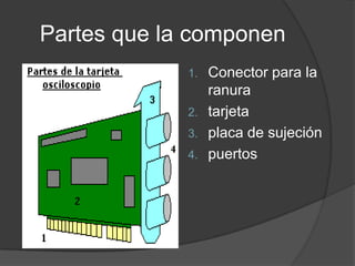 Partes que la componen
             1.   Conector para la
                  ranura
             2.   tarjeta
             3.   placa de sujeción
             4.   puertos
 
