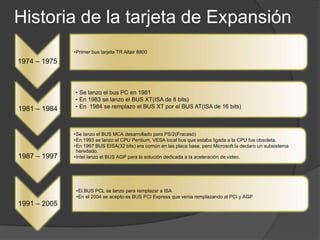 Historia de la tarjeta de Expansión
              •Primer bus tarjeta TR Altair 8800

1974 – 1975



              • Se lanzo el bus PC en 1981
              • En 1983 se lanzo el BUS XT(ISA de 8 bits)
1981 – 1984   • En 1984 se remplazo el BUS XT por el BUS AT(ISA de 16 bits)



              •Se lanzo el BUS MCA desarrollado para PS/2(Fracasó)
              •En 1993 se lanzo el CPU Pentium, VESA local bus que estaba ligada a la CPU fue obsoleta.
              •En 1997 BUS EISA(32 bits) era común en las placa base, pero Microsoft la declaro un subsistema
               heredado.
1987 – 1997   •Intel lanzo el BUS AGP para la solución dedicada a la aceleración de video.




               •El BUS PCL se lanzo para remplazar a ISA
               •En el 2004 se acepto es BUS PCI Express que venia remplazando al PCI y AGP
1991 – 2005
 