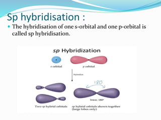 Sp hybridisation :
 The hybridisation of one s-orbital and one p-orbital is
called sp hybridisation.
 