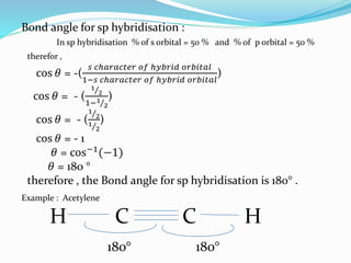Bond angle for sp hybridisation :
In sp hybridisation % of s orbital = 50 % and % of p orbital = 50 %
therefor ,
cos 𝜃 = -(
𝑠 𝑐ℎ𝑎𝑟𝑎𝑐𝑡𝑒𝑟 𝑜𝑓 ℎ𝑦𝑏𝑟𝑖𝑑 𝑜𝑟𝑏𝑖𝑡𝑎𝑙
1−𝑠 𝑐ℎ𝑎𝑟𝑎𝑐𝑡𝑒𝑟 𝑜𝑓 ℎ𝑦𝑏𝑟𝑖𝑑 𝑜𝑟𝑏𝑖𝑡𝑎𝑙
)
cos 𝜃 = - (
1
2
1−1
2
)
cos 𝜃 = - (
1
2
1
2
)
cos 𝜃 = - 1
𝜃 = cos−1
(−1)
𝜃 = 180 °
therefore , the Bond angle for sp hybridisation is 180° .
Example : Acetylene
H C C H
180° 180°
 