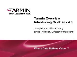 Tarmin Overview
Introducing GridBank 4.0
Joseph Lynn, VP Marketing
Linda Thomson, Director of Marketing

Where  Data  Defines  Value.™

 