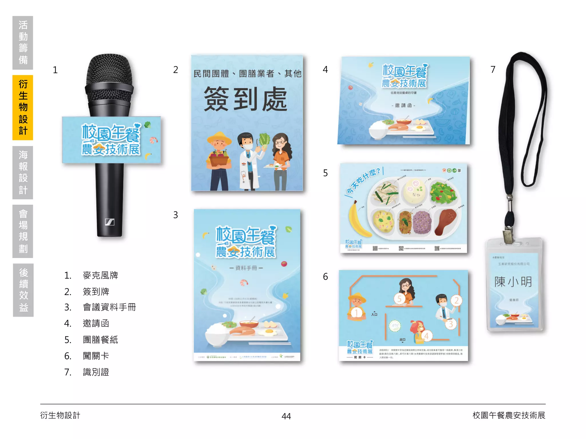 44衍生物設計 校園午餐農安技術展
1. 麥克風牌
2. 簽到牌
3. 會議資料手冊
4. 邀請函
5. 團膳餐紙
6. 闖關卡
7. 識別證
1 2 4
5
3
6
7
活
動
籌
備
衍
生
物
設
計
會
場
規
劃
海
報
設
計
後
續
效
益
 
