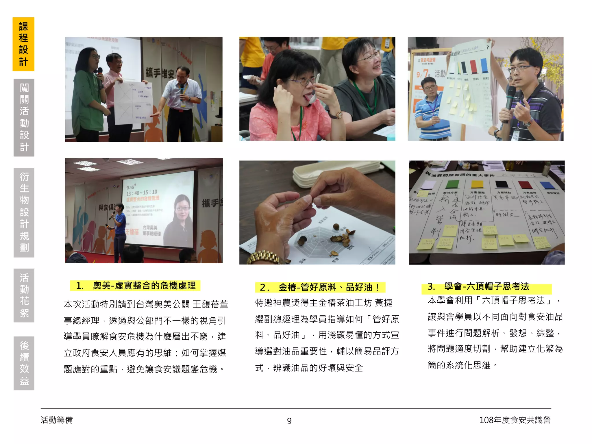 9活動籌備 108年度食安共識營
課
程
設
計
闖
關
活
動
設
計
衍
生
物
設
計
規
劃
後
續
效
益
活
動
花
絮
本次活動特別請到台灣奧美公關 王馥蓓董
事總經理，透過與公部門不一樣的視角引
導學員瞭解食安危機為什麼層出不窮，建
立政府食安人員應有的思維：如何掌握媒
題應對的重點，避免讓食安議題變危機。
２. 金椿-管好原料、品好油！1. 奧美-虛實整合的危機處理
特邀神農獎得主金椿茶油工坊 黃捷
纓副總經理為學員指導如何「管好原
料、品好油」，用淺顯易懂的方式宣
導選對油品重要性，輔以簡易品評方
式，辨識油品的好壞與安全
3. 學會-六頂帽子思考法
本學會利用「六頂帽子思考法」，
讓與會學員以不同面向對食安油品
事件進行問題解析、發想、綜整，
將問題適度切割，幫助建立化繁為
簡的系統化思維。
 