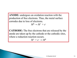 ANODE: undergoes an oxidation reaction with the
production of free electrons. Thus, the metal surface
corrodes due to loss of electrons.
M0 → M+ + e-
CATHODE: The free electrons that are released by the
anode are taken up by the cathode or the cathodic sites,
where a reduction reaction occurs.
M+ + e- → M0
Dr Mujtaba Ashraf 19
 