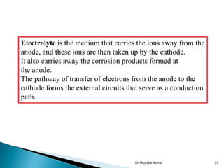 Electrolyte is the medium that carries the ions away from the
anode, and these ions are then taken up by the cathode.
It also carries away the corrosion products formed at
the anode.
The pathway of transfer of electrons from the anode to the
cathode forms the external circuits that serve as a conduction
path.
Dr Mujtaba Ashraf 20
 