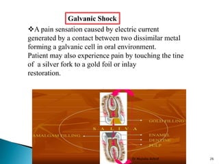 A pain sensation caused by electric current
generated by a contact between two dissimilar metal
forming a galvanic cell in oral environment.
Patient may also experience pain by touching the tine
of a silver fork to a gold foil or inlay
restoration.
Galvanic Shock
Dr Mujtaba Ashraf 26
 