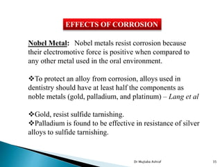 EFFECTS OF CORROSION
Nobel Metal: Nobel metals resist corrosion because
their electromotive force is positive when compared to
any other metal used in the oral environment.
To protect an alloy from corrosion, alloys used in
dentistry should have at least half the components as
noble metals (gold, palladium, and platinum) – Lang et al
Gold, resist sulfide tarnishing.
Palladium is found to be effective in resistance of silver
alloys to sulfide tarnishing.
Dr Mujtaba Ashraf 35
 