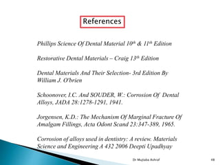 Phillips Science Of Dental Material 10th & 11th Edition
Restorative Dental Materials – Craig 13th Edition
Dental Materials And Their Selection- 3rd Edition By
William J. O'brien
Schoonover, I.C. And SOUDER, W.: Corrosion Of Dental
Alloys, JADA 28:1278-1291, 1941.
Jorgensen, K.D.: The Mechanism Of Marginal Fracture Of
Amalgam Fillings, Acta Odont Scand 23:347-389, 1965.
Corrosion of alloys used in dentistry: A review. Materials
Science and Engineering A 432 2006 Deepti Upadhyay
References
Dr Mujtaba Ashraf 48
 