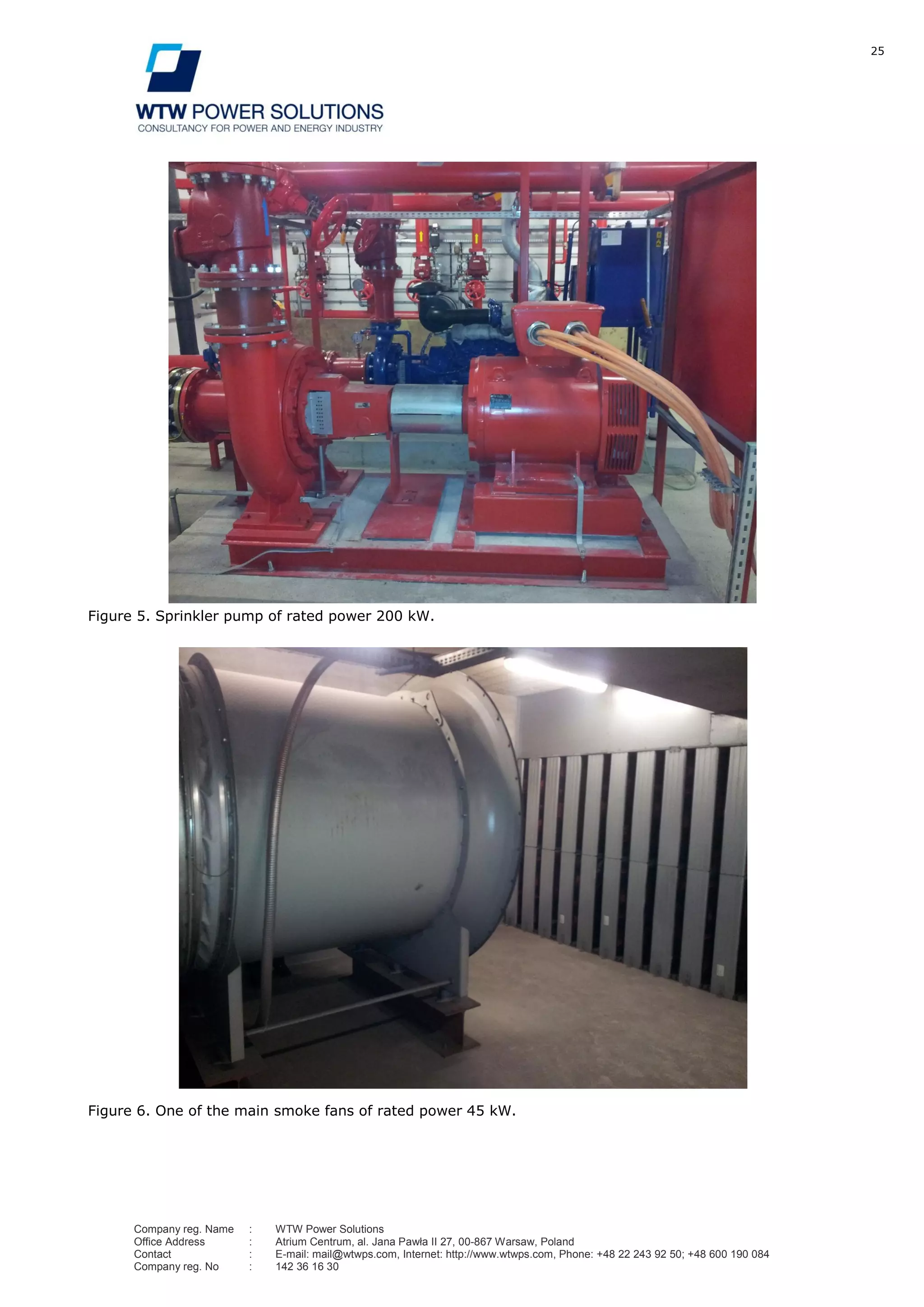 25
Company reg. Name : WTW Power Solutions
Office Address : Atrium Centrum, al. Jana Pawła II 27, 00-867 Warsaw, Poland
Contact : E-mail: mail@wtwps.com, Internet: http://www.wtwps.com, Phone: +48 22 243 92 50; +48 600 190 084
Company reg. No : 142 36 16 30
Figure 5. Sprinkler pump of rated power 200 kW.
Figure 6. One of the main smoke fans of rated power 45 kW.
 