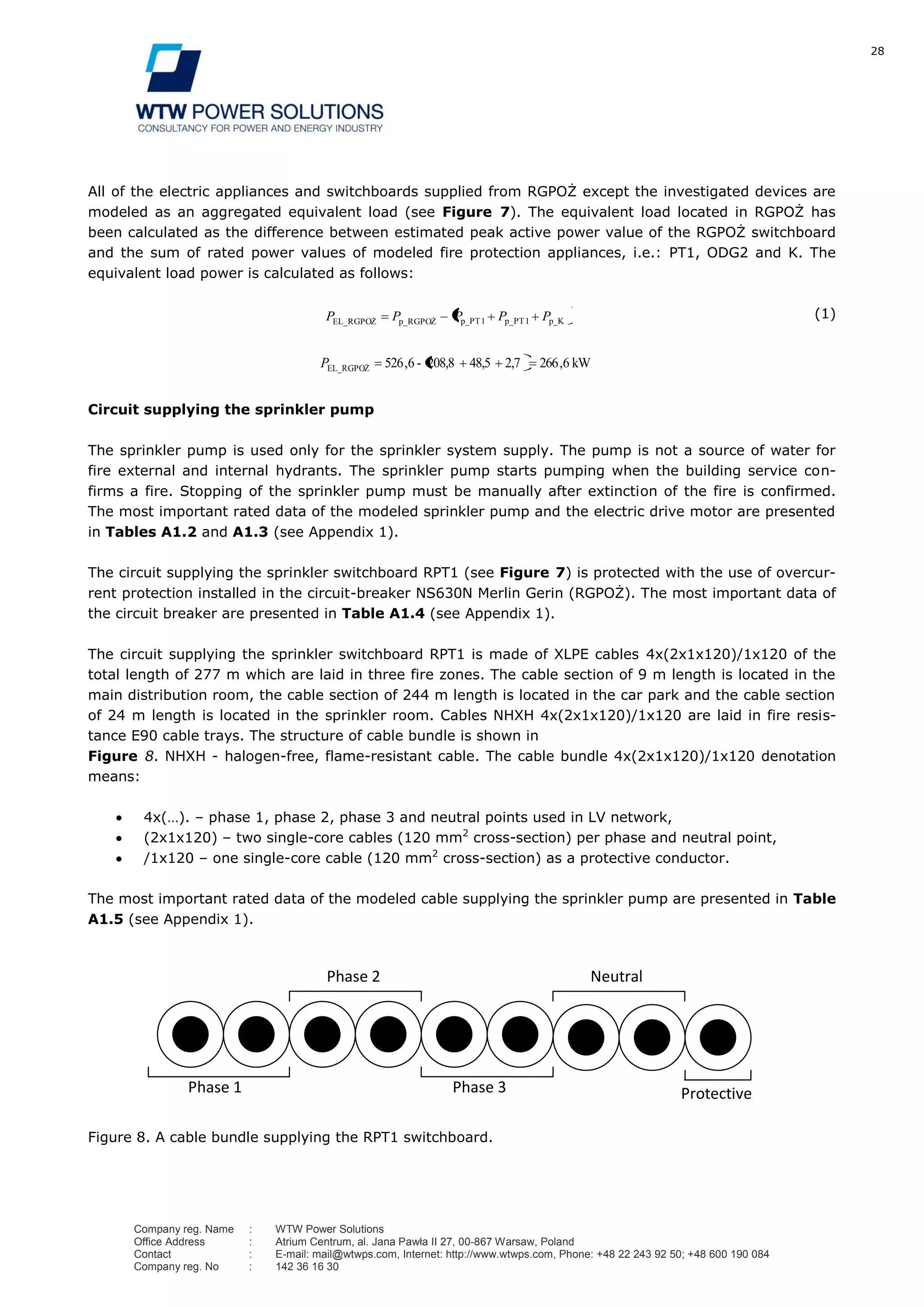28
Company reg. Name : WTW Power Solutions
Office Address : Atrium Centrum, al. Jana Pawła II 27, 00-867 Warsaw, Poland
Contact : E-mail: mail@wtwps.com, Internet: http://www.wtwps.com, Phone: +48 22 243 92 50; +48 600 190 084
Company reg. No : 142 36 16 30
All of the electric appliances and switchboards supplied from RGPOŻ except the investigated devices are
modeled as an aggregated equivalent load (see Figure 7). The equivalent load located in RGPOŻ has
been calculated as the difference between estimated peak active power value of the RGPOŻ switchboard
and the sum of rated power values of modeled fire protection appliances, i.e.: PT1, ODG2 and K. The
equivalent load power is calculated as follows:
p_Kp_PT1p_PT1p_RGPOŻEL_RGPOŻ PPPPP (1)
kW6,2662,748,5208,8-6,526EL_RGPOŻP
Circuit supplying the sprinkler pump
The sprinkler pump is used only for the sprinkler system supply. The pump is not a source of water for
fire external and internal hydrants. The sprinkler pump starts pumping when the building service con-
firms a fire. Stopping of the sprinkler pump must be manually after extinction of the fire is confirmed.
The most important rated data of the modeled sprinkler pump and the electric drive motor are presented
in Tables A1.2 and A1.3 (see Appendix 1).
The circuit supplying the sprinkler switchboard RPT1 (see Figure 7) is protected with the use of overcur-
rent protection installed in the circuit-breaker NS630N Merlin Gerin (RGPOŻ). The most important data of
the circuit breaker are presented in Table A1.4 (see Appendix 1).
The circuit supplying the sprinkler switchboard RPT1 is made of XLPE cables 4x(2x1x120)/1x120 of the
total length of 277 m which are laid in three fire zones. The cable section of 9 m length is located in the
main distribution room, the cable section of 244 m length is located in the car park and the cable section
of 24 m length is located in the sprinkler room. Cables NHXH 4x(2x1x120)/1x120 are laid in fire resis-
tance E90 cable trays. The structure of cable bundle is shown in
Figure 8. NHXH - halogen-free, flame-resistant cable. The cable bundle 4x(2x1x120)/1x120 denotation
means:
4x(…). – phase 1, phase 2, phase 3 and neutral points used in LV network,
(2x1x120) – two single-core cables (120 mm2
cross-section) per phase and neutral point,
/1x120 – one single-core cable (120 mm2
cross-section) as a protective conductor.
The most important rated data of the modeled cable supplying the sprinkler pump are presented in Table
A1.5 (see Appendix 1).
Figure 8. A cable bundle supplying the RPT1 switchboard.
ProtectivePhase 3
Phase 2
Phase 1
Neutral
 