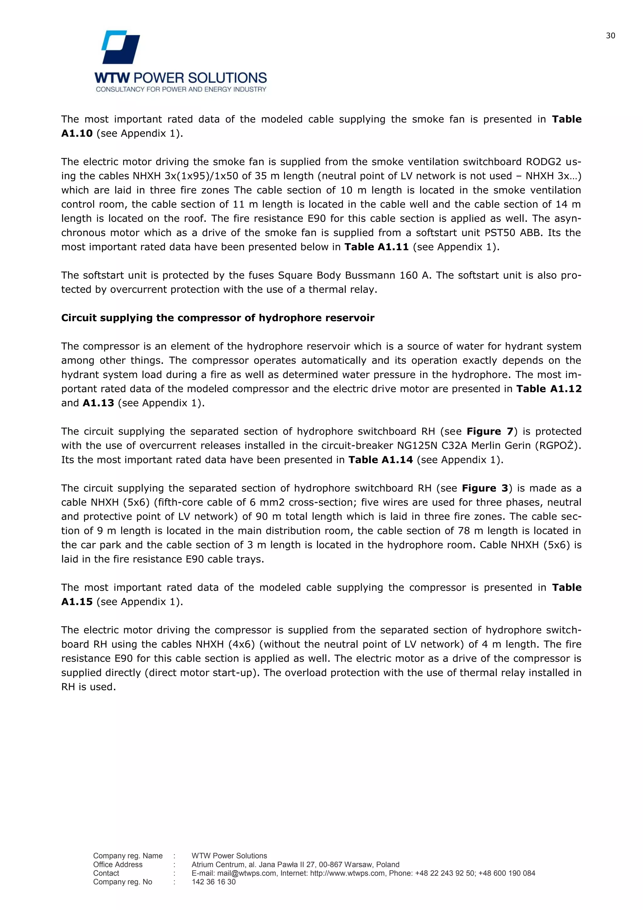 30
Company reg. Name : WTW Power Solutions
Office Address : Atrium Centrum, al. Jana Pawła II 27, 00-867 Warsaw, Poland
Contact : E-mail: mail@wtwps.com, Internet: http://www.wtwps.com, Phone: +48 22 243 92 50; +48 600 190 084
Company reg. No : 142 36 16 30
The most important rated data of the modeled cable supplying the smoke fan is presented in Table
A1.10 (see Appendix 1).
The electric motor driving the smoke fan is supplied from the smoke ventilation switchboard RODG2 us-
ing the cables NHXH 3x(1x95)/1x50 of 35 m length (neutral point of LV network is not used – NHXH 3x…)
which are laid in three fire zones The cable section of 10 m length is located in the smoke ventilation
control room, the cable section of 11 m length is located in the cable well and the cable section of 14 m
length is located on the roof. The fire resistance E90 for this cable section is applied as well. The asyn-
chronous motor which as a drive of the smoke fan is supplied from a softstart unit PST50 ABB. Its the
most important rated data have been presented below in Table A1.11 (see Appendix 1).
The softstart unit is protected by the fuses Square Body Bussmann 160 A. The softstart unit is also pro-
tected by overcurrent protection with the use of a thermal relay.
Circuit supplying the compressor of hydrophore reservoir
The compressor is an element of the hydrophore reservoir which is a source of water for hydrant system
among other things. The compressor operates automatically and its operation exactly depends on the
hydrant system load during a fire as well as determined water pressure in the hydrophore. The most im-
portant rated data of the modeled compressor and the electric drive motor are presented in Table A1.12
and A1.13 (see Appendix 1).
The circuit supplying the separated section of hydrophore switchboard RH (see Figure 7) is protected
with the use of overcurrent releases installed in the circuit-breaker NG125N C32A Merlin Gerin (RGPOŻ).
Its the most important rated data have been presented in Table A1.14 (see Appendix 1).
The circuit supplying the separated section of hydrophore switchboard RH (see Figure 3) is made as a
cable NHXH (5x6) (fifth-core cable of 6 mm2 cross-section; five wires are used for three phases, neutral
and protective point of LV network) of 90 m total length which is laid in three fire zones. The cable sec-
tion of 9 m length is located in the main distribution room, the cable section of 78 m length is located in
the car park and the cable section of 3 m length is located in the hydrophore room. Cable NHXH (5x6) is
laid in the fire resistance E90 cable trays.
The most important rated data of the modeled cable supplying the compressor is presented in Table
A1.15 (see Appendix 1).
The electric motor driving the compressor is supplied from the separated section of hydrophore switch-
board RH using the cables NHXH (4x6) (without the neutral point of LV network) of 4 m length. The fire
resistance E90 for this cable section is applied as well. The electric motor as a drive of the compressor is
supplied directly (direct motor start-up). The overload protection with the use of thermal relay installed in
RH is used.
 