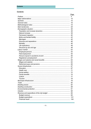 - 10 -
Contents
Contents
Page
Preface ............................................................................................................. 4
Major abbreviations .......................................................................................... 15
Symbols ............................................................................................................ 15
General notes ................................................................................................... 16
Methodological notes ........................................................................................ 19
Main tendencies ............................................................................................... 28
Demographic situation ...................................................................................... 38
Population and increase dynamics ................................................................. 38
Natural increase ............................................................................................. 39
Permanent migration ...................................................................................... 40
Births and female fertility ................................................................................ 43
Marriages ....................................................................................................... 45
Divorces and separations ............................................................................... 46
Mortality .......................................................................................................... 46
Life expectancy .............................................................................................. 48
Structure by sex and age ............................................................................... 49
Labour market ................................................................................................... 53
Employed persons .......................................................................................... 53
Paid employment ............................................................................................ 55
Persons injured in accidents at work .............................................................. 56
Registered unemployment ............................................................................. 57
Wages and salaries and social benefits ............................................................ 64
Wages and salaries ........................................................................................ 64
Retirement pays and pensions ....................................................................... 66
Social infrastructure ........................................................................................... 67
Education ....................................................................................................... 67
Health care ..................................................................................................... 71
Social welfare ................................................................................................. 72
Family benefits ............................................................................................... 74
Culture ............................................................................................................ 77
Tourism .......................................................................................................... 78
Municipal infrastructure .................................................................................... 79
Trade ................................................................................................................ 82
Dwelling stocks .................................................................................................. 82
Dwelling construction ........................................................................................ 88
Environmental protection .................................................................................. 91
Industry ............................................................................................................. 98
Revenue and expenditure of the city budget ..................................................... 99
Budget revenue .............................................................................................. 99
Budget expenditure ........................................................................................ 101
Financial result ............................................................................................... 104
 