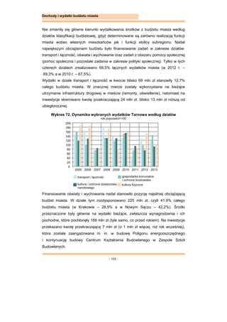 - 103 -
Dochody i wydatki budżetu miasta
Nie zmieniły się główne kierunki wydatkowania środków z budżetu miasta według
działów klasyfikacji budżetowej, gdyż determinowane są zarówno realizacją funkcji
miasta wobec własnych mieszkańców jak i funkcji stolicy subregionu. Nadal
największym obciążeniem budżetu było finansowanie zadań w zakresie działów:
transport i łączność, oświata i wychowanie oraz zadań z obszaru pomocy społecznej
(pomoc społeczna i pozostałe zadania w zakresie polityki społecznej). Tylko w tych
czterech działach zrealizowano 69,5% łącznych wydatków miasta (w 2012 r. –
69,3% a w 2010 r. – 67,5%).
Wydatki w dziale transport i łączność w kwocie blisko 69 mln zł stanowiły 12,7%
całego budżetu miasta. W znacznej mierze zostały wykorzystane na bieżące
utrzymanie infrastruktury drogowej w mieście (remonty, oświetlenie), natomiast na
inwestycje skierowano kwotę przekraczającą 24 mln zł, blisko 13 mln zł niższą od
ubiegłorocznej.
Wykres 72. Dynamika wybranych wydatków Tarnowa według działów
rok poprzedni=100
Finansowanie oświaty i wychowania nadal stanowiło pozycję najsilniej obciążającą
budżet miasta. W dziale tym rozdysponowano 225 mln zł, czyli 41,9% całego
budżetu miasta (w Krakowie – 28,9% a w Nowym Sączu – 42,2%). Środki
przeznaczone były głównie na wydatki bieżące, zwłaszcza wynagrodzenia i ich
pochodne, które pochłonęły 168 mln zł (tyle samo, co przed rokiem). Na inwestycje
przekazano kwotę przekraczającą 7 mln zł (o 1 mln zł więcej, niż rok wcześniej),
która została zaangażowana m. in. w budowę Poligonu energooszczędnego
i kontynuację budowy Centrum Kształcenia Budowlanego w Zespole Szkół
Budowlanych.
kultura i ochrona dziedzictwa
narodowego
kultura fizyczna
0
20
40
60
80
100
120
140
160
180
200
2005 2006 2007 2008 2009 2010 2011 2012 2013
transport i łączność gospodarka komunalna
i ochrona środowiska
 