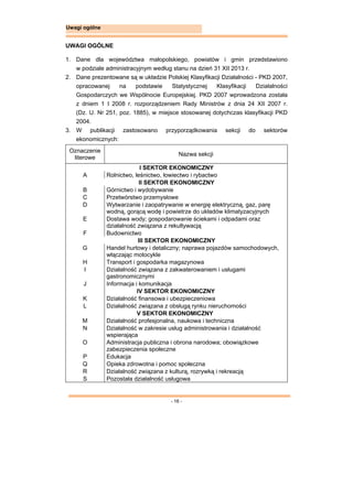 - 16 -
Uwagi ogólne
UWAGI OGÓLNE
1. Dane dla województwa małopolskiego, powiatów i gmin przedstawiono
w podziale administracyjnym według stanu na dzień 31 XII 2013 r.
2. Dane prezentowane są w układzie Polskiej Klasyfikacji Działalności - PKD 2007,
opracowanej na podstawie Statystycznej Klasyfikacji Działalności
Gospodarczych we Wspólnocie Europejskiej. PKD 2007 wprowadzona została
z dniem 1 I 2008 r. rozporządzeniem Rady Ministrów z dnia 24 XII 2007 r.
(Dz. U. Nr 251, poz. 1885), w miejsce stosowanej dotychczas klasyfikacji PKD
2004.
3. W publikacji zastosowano przyporządkowania sekcji do sektorów
ekonomicznych:
Oznaczenie
literowe
Nazwa sekcji
I SEKTOR EKONOMICZNY
A Rolnictwo, leśnictwo, łowiectwo i rybactwo
II SEKTOR EKONOMICZNY
B Górnictwo i wydobywanie
C Przetwórstwo przemysłowe
D Wytwarzanie i zaopatrywanie w energię elektryczną, gaz, parę
wodną, gorącą wodę i powietrze do układów klimatyzacyjnych
E Dostawa wody; gospodarowanie ściekami i odpadami oraz
działalność związana z rekultywacją
F Budownictwo
III SEKTOR EKONOMICZNY
G Handel hurtowy i detaliczny; naprawa pojazdów samochodowych,
włączając motocykle
H Transport i gospodarka magazynowa
I Działalność związana z zakwaterowaniem i usługami
gastronomicznymi
J Informacja i komunikacja
IV SEKTOR EKONOMICZNY
K Działalność finansowa i ubezpieczeniowa
L Działalność związana z obsługą rynku nieruchomości
V SEKTOR EKONOMICZNY
M Działalność profesjonalna, naukowa i techniczna
N Działalność w zakresie usług administrowania i działalność
wspierająca
O Administracja publiczna i obrona narodowa; obowiązkowe
zabezpieczenia społeczne
P Edukacja
Q Opieka zdrowotna i pomoc społeczna
R Działalność związana z kulturą, rozrywką i rekreacją
S Pozostała działalność usługowa
 