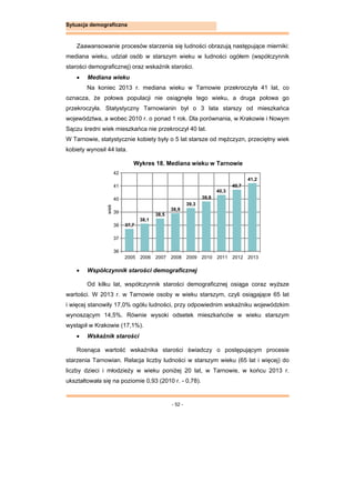 - 52 -
Sytuacja demograficzna
Zaawansowanie procesów starzenia się ludności obrazują następujące mierniki:
mediana wieku, udział osób w starszym wieku w ludności ogółem (współczynnik
starości demograficznej) oraz wskaźnik starości.
 Mediana wieku
Na koniec 2013 r. mediana wieku w Tarnowie przekroczyła 41 lat, co
oznacza, że połowa populacji nie osiągnęła tego wieku, a druga połowa go
przekroczyła. Statystyczny Tarnowianin był o 3 lata starszy od mieszkańca
województwa, a wobec 2010 r. o ponad 1 rok. Dla porównania, w Krakowie i Nowym
Sączu średni wiek mieszkańca nie przekroczył 40 lat.
W Tarnowie, statystycznie kobiety były o 5 lat starsze od mężczyzn, przeciętny wiek
kobiety wynosił 44 lata.
Wykres 18. Mediana wieku w Tarnowie
 Współczynnik starości demograficznej
Od kilku lat, współczynnik starości demograficznej osiąga coraz wyższe
wartości. W 2013 r. w Tarnowie osoby w wieku starszym, czyli osiągające 65 lat
i więcej stanowiły 17,0% ogółu ludności, przy odpowiednim wskaźniku wojewódzkim
wynoszącym 14,5%. Równie wysoki odsetek mieszkańców w wieku starszym
wystąpił w Krakowie (17,1%).
 Wskaźnik starości
Rosnąca wartość wskaźnika starości świadczy o postępującym procesie
starzenia Tarnowian. Relacja liczby ludności w starszym wieku (65 lat i więcej) do
liczby dzieci i młodzieży w wieku poniżej 20 lat, w Tarnowie, w końcu 2013 r.
ukształtowała się na poziomie 0,93 (2010 r. - 0,78).
37,7
38,1
38,5
38,9
39,3
39,8
40,3
40,7
41,2
36
37
38
39
40
41
42
2005 2006 2007 2008 2009 2010 2011 2012 2013
wiek
 